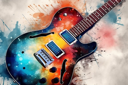 Colorful guitar on watercolor painting background with digital brush illustration. Generative AIの素材