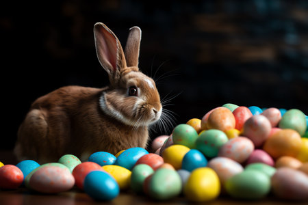 Easter Bunny With Candy And Chocolate Eggs In The Background. Generative AIの素材