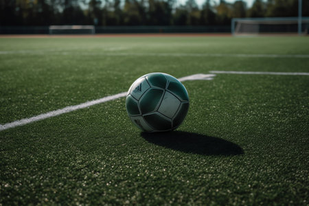 Game ready in midfield with ball on green soccer field. Generative AIの素材