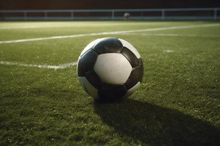Game ready in midfield with ball on green soccer field. Generative AIの素材