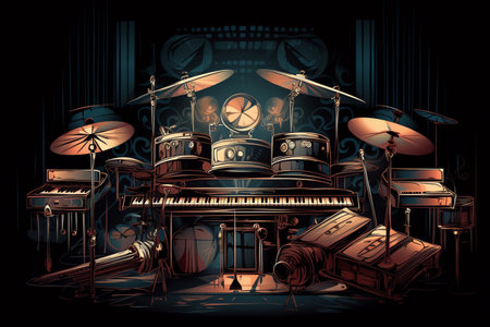 Illustration of abstract musical instruments in a dark stage with lighted background. Generative AIの素材