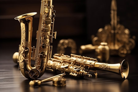 Gold colored musical instruments. Generative AIの素材