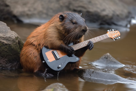 Guitarplaying beaver with an epic rock persona. Generative AIの素材
