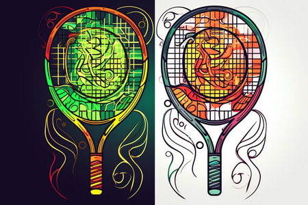 Illustration of tennis rackets with logos for sports team, tournament equipment icon, and coloring page with line art. Generative AIの素材
