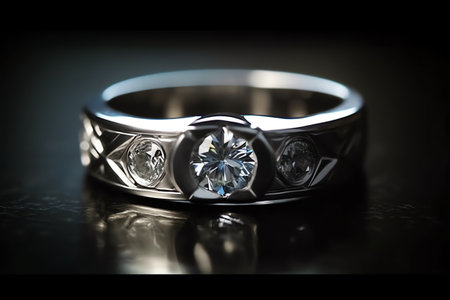 Reflective 3d Engagement Ring With Diamond In White Gold Or Silver. Generative AIの素材