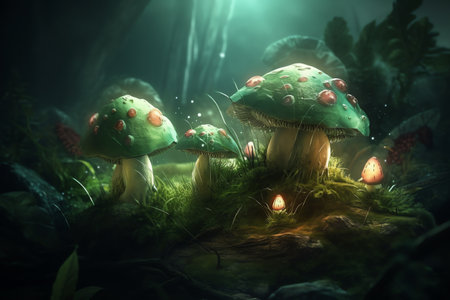 Magical green fairytale, digitally illustrated with 3D mushrooms. Generative AIの素材