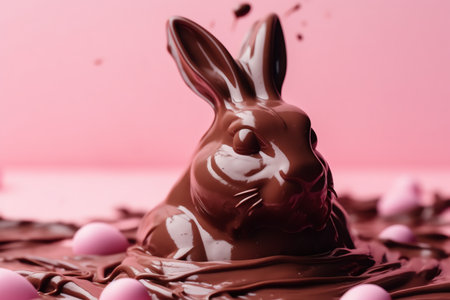 Pink Background With Melted Chocolate Easter Bunny. Generative AIの素材