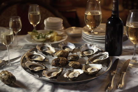 Oysters And Wine At A Lively Seafood Restaurant. Generative AIの素材