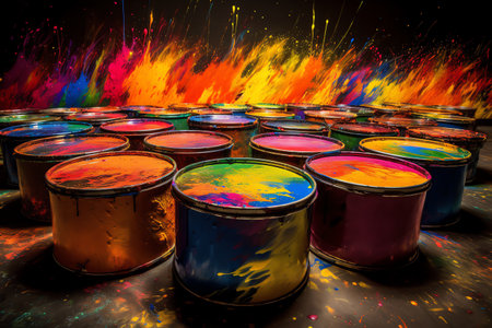 Rainbow painted drums explode with energy. Generative AIの素材