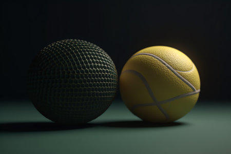 Tennis ball and 3D rendering. Two objects, one physical and one digital. Generative AIの素材