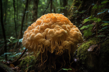 The beautiful and radiant giant mushroom, Hericium erinaceus, is the rare edible lions mane. Generative AIの素材