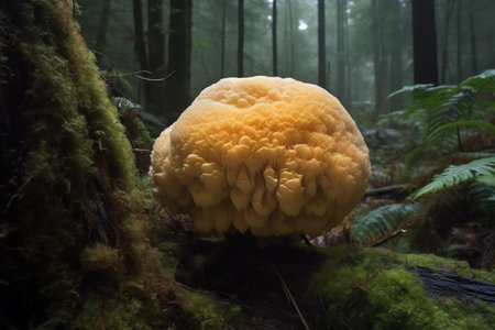 The beautiful and radiant giant mushroom, Hericium erinaceus, is the rare edible lions mane. Generative AIの素材