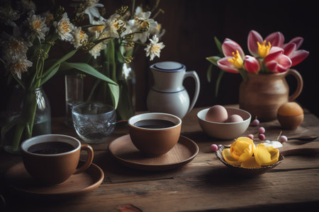 Spring Flowers On Wooden Table, Coffee And Hot Beverage For A Calm Morning. Generative AIの素材