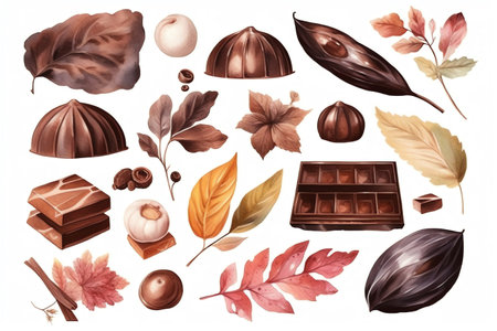 Watercolor Chocolate Set And Realistic Botanical And Food Illustrations Isolated On White Background. Generative AIの素材