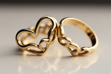 Two Gold Heart Rings Linked On A White Backdrop. Generative AIの素材