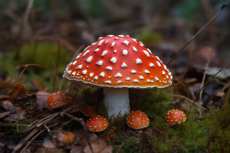 Vibrant red with white spots, the red cap mushroom is both psychedelic and poisonous. Generative AIの素材