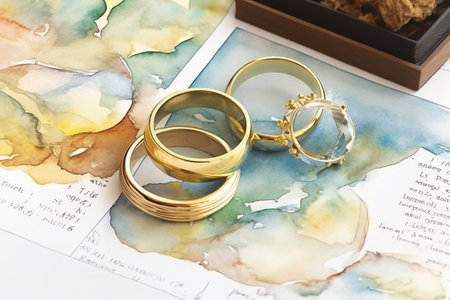 Two Gold Wedding Rings, Hand Drawn Watercolor Wedding Rings, Wedding Map, Invitations, And Cards. Generative AIの素材