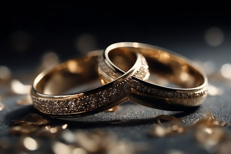 Wedding Rings On A Glittery Background In A Panoramic Banner With Selective Focus. Generative AIの素材