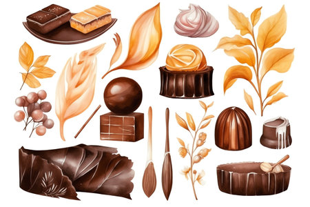 Watercolor Chocolate Set And Realistic Botanical And Food Illustrations Isolated On White Background. Generative AIの素材