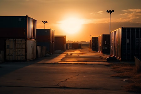 Storage At Port With Containers At Sunset. Generative AIの素材