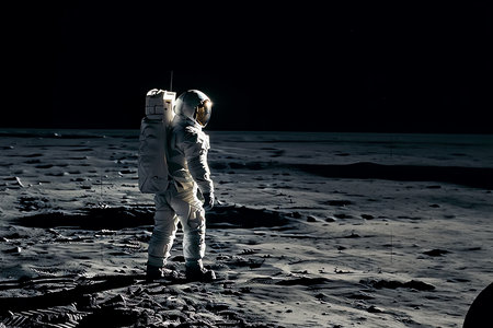 An astronaut standing on the moon looking at a large earth like planet. Generative AIの素材