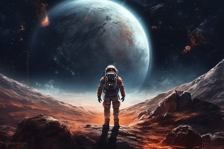 Astronaut, moon, and galaxy background, moon landscape, space wallpaper, cosmic art. Generative AIの素材