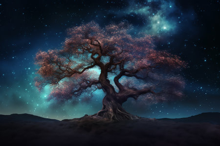 Fantasy tree in the night sky with stars and nebula. Generative AIの素材