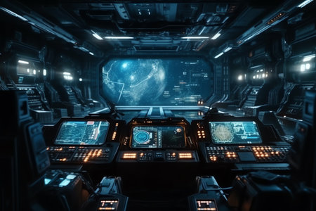 Futuristic view from spaceship cockpit control board, 3d illustration, science fiction background, intense color. Generative AIの素材