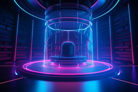 Abstract background esports scifi gaming video game futuristic neon glow chamber, scene stand pedestal stage, virtual reality simulation, and cyberpunk. Generative AIの素材