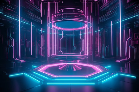 Abstract background esports scifi gaming video game futuristic neon glow chamber, scene stand pedestal stage, virtual reality simulation, and cyberpunk. Generative AIの素材