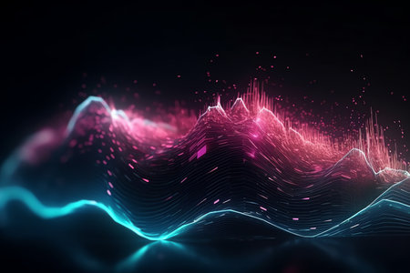 Abstract futuristic background with pink blue glowing neon moving high speed wave lines and bokeh lights, data transfer concept fantastic wallpaper. Generative AIの素材