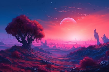 Fantasy fable purple planet landscape with dramatic twilight sky, with digital concept art, fantasy and science fiction landscape, vibrant color. Generative AIの素材