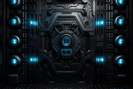 Futuristic biomechanical scifi texture wall panel with cables and blue leds. Generative AIの素材