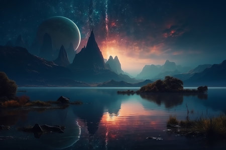 Futuristic fantasy scifi landscape mountains, lake, with large planet, galaxy, with light reflection in water. Generative AIの素材
