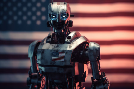 Hostile robot or evil artificial intelligence, standing in front of american flag, american science fiction industry. Generative AIの素材