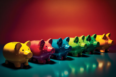 Array of piggy banks in saturated colours on high colour contrast background, illustration of the concept of bank savings, financial investment and multiple sources of income. Generative AIの素材