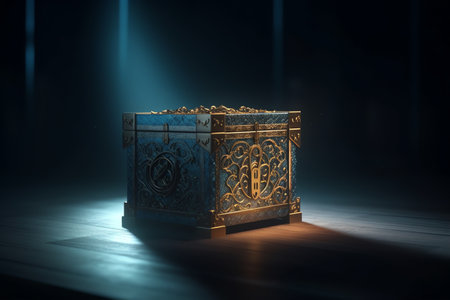 Mysterious pandora box opening with rays of light, high contrast image, 3d rendering, illustration. Generative AIの素材