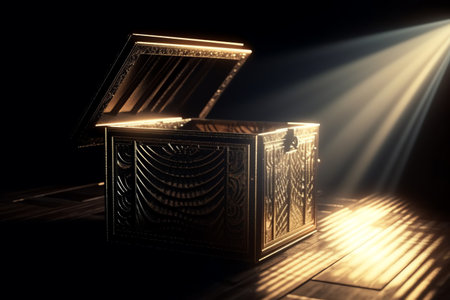 Mysterious pandora box opening with rays of light, high contrast image, ( 3d rendering, illustration ). Generative AIの素材