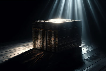 Mysterious pandora box opening with rays of light, high contrast image, ( 3d rendering, illustration ). Generative AIの素材