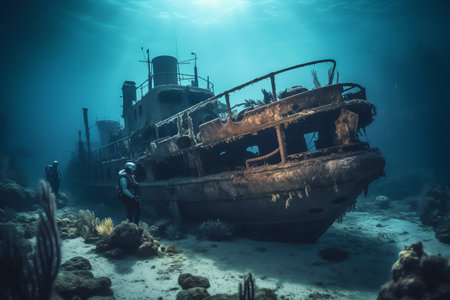 Scuba divers exploring a sunken shipwreck, underwater mysteries, high quality. Generative AIの素材