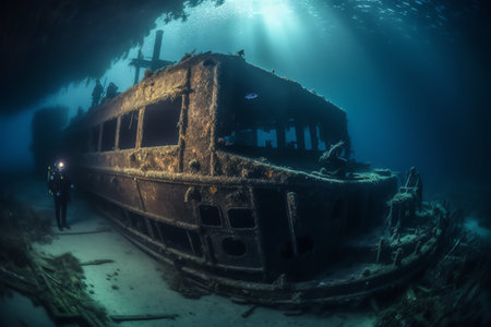 Scuba divers exploring a sunken shipwreck, underwater mysteries, high quality. Generative AIの素材