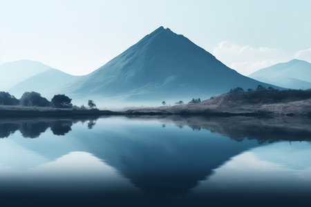 Nature abstract background of rock mountain peak, mountain high with lake, minimalism style. Generative AIの素材