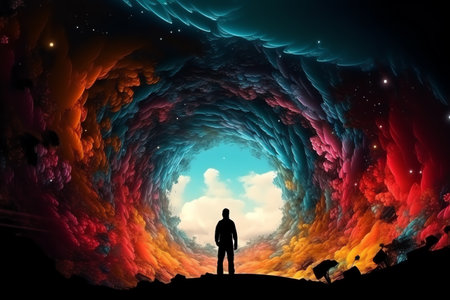 Young adventurer in front of portal to fantasy dimensions that radiate power and energy, dramatic, saturated, high contrast, powerful twister clouds, . Generative AIの素材