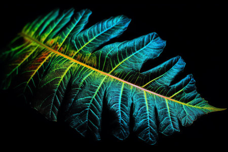 Tropical leaf, est glow in the black light background, high contrast. Generative AIの素材