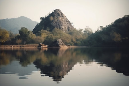 Nature abstract background of rock mountain peak, mountain high with lake, minimalism style. Generative AIの素材