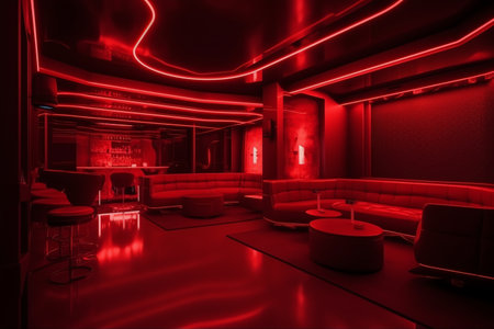 Red interior of luxury nightclub, restaurant, lounge bar, human enhanced. Generative AIの素材