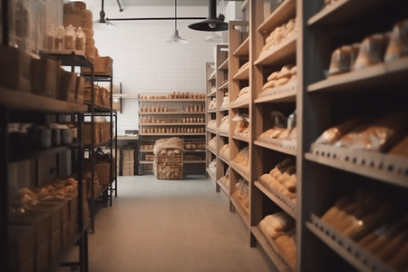 Blurred organic, ecofriendly vegan grocery, bakery store with wooden wall, parquet floor, variety of bread, bun, snack on shelf, healthy shopping lifestyle, interior design decoration background. Generative AIの素材