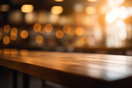 Abstract blurred cafe background, empty wooden table top with bokeh and blank space, product on restaurant desk. Generative AIの素材