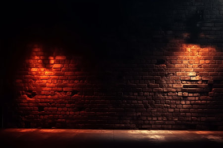 Old brick wall with neon lights, dark empty old night street, smoke, smog, textured brick walls 3d illustration. Generative AIの素材