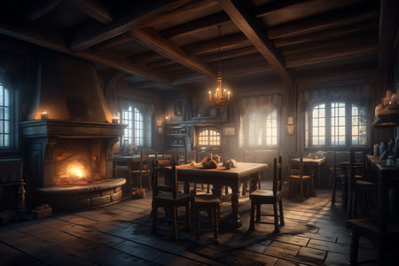 Dark moody medieval tavern inn interior with food and drink on tables, burning open fireplace, candles and daylight through a window, 3d illustration. Generative AIの素材